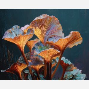 surreal, cluster, glowing, mushroom, forms,, bathed, palette knife, oil painting, textured impasto, layered pigment, dynamic strokes, sculpted paint, expressive surface, abstract detail, rich color, chromatic texture