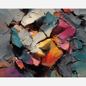 reduced, composition, built, sparse, shapes,, surrounded, palette knife, oil painting, textured impasto, layered pigment, dynamic strokes, sculpted paint, expressive surface, abstract detail, rich color, chromatic texture