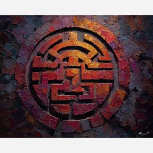 ancient, symbolic, shapes, inspired, mayan, aesthetics,, palette knife, oil painting, textured impasto, layered pigment, dynamic strokes, sculpted paint, expressive surface, abstract detail, rich color, chromatic texture