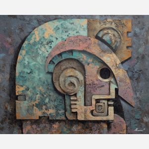 ancient, symbolic, shapes, inspired, mayan, aesthetics,, palette knife, oil painting, textured impasto, layered pigment, dynamic strokes, sculpted paint, expressive surface, abstract detail, rich color, chromatic texture