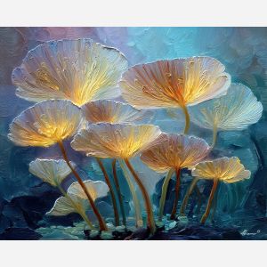 surreal, cluster, glowing, mushroom, forms,, glimmering, palette knife, oil painting, textured impasto, layered pigment, dynamic strokes, sculpted paint, expressive surface, abstract detail, rich color, chromatic texture