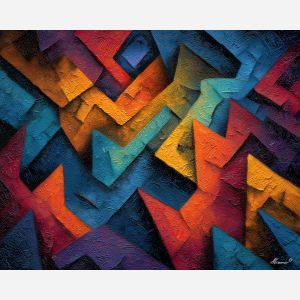 arrangement, angular, geometric, shapes,, immersed, luminescent, palette knife, oil painting, textured impasto, layered pigment, dynamic strokes, sculpted paint, expressive surface, abstract detail, rich color, chromatic texture