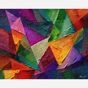 arrangement, angular, geometric, shapes,, outlined, sharp, palette knife, oil painting, textured impasto, layered pigment, dynamic strokes, sculpted paint, expressive surface, abstract detail, rich color, chromatic texture