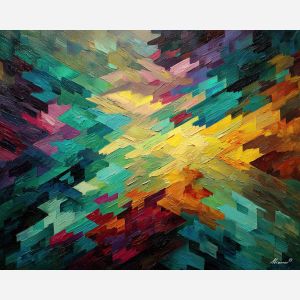 arrangement, angular, geometric, shapes,, outlined, sharp, palette knife, oil painting, textured impasto, layered pigment, dynamic strokes, sculpted paint, expressive surface, abstract detail, rich color, chromatic texture