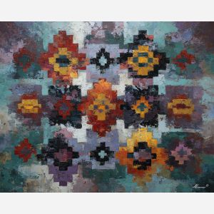 rustic, pattern, echoing, traditional, motifs,, immersed, palette knife, oil painting, textured impasto, layered pigment, dynamic strokes, sculpted paint, expressive surface, abstract detail, rich color, chromatic texture