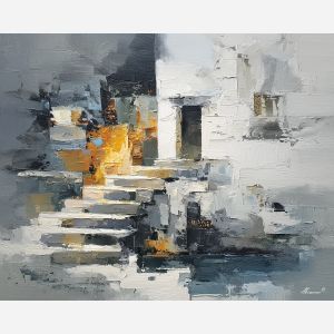 reduced, composition, built, sparse, shapes,, surrounded, palette knife, oil painting, textured impasto, layered pigment, dynamic strokes, sculpted paint, expressive surface, abstract detail, rich color, chromatic texture