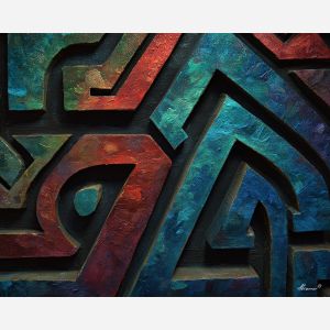 ancient, symbolic, shapes, inspired, mayan, aesthetics,, palette knife, oil painting, textured impasto, layered pigment, dynamic strokes, sculpted paint, expressive surface, abstract detail, rich color, chromatic texture