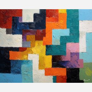 arrangement, angular, geometric, shapes,, shifting, uneven, palette knife, oil painting, textured impasto, layered pigment, dynamic strokes, sculpted paint, expressive surface, abstract detail, rich color, chromatic texture