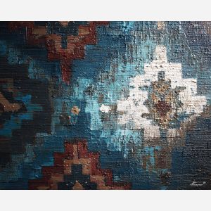 rustic, pattern, echoing, traditional, motifs,, bathed, palette knife, oil painting, textured impasto, layered pigment, dynamic strokes, sculpted paint, expressive surface, abstract detail, rich color, chromatic texture