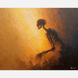 skeletal, silhouette, rendered, fractured, strokes,, shifting, palette knife, oil painting, textured impasto, layered pigment, dynamic strokes, sculpted paint, expressive surface, abstract detail, rich color, chromatic texture