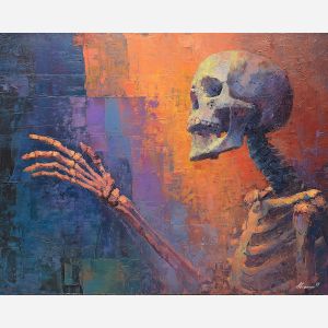 skeletal, silhouette, rendered, fractured, strokes,, outlined, palette knife, oil painting, textured impasto, layered pigment, dynamic strokes, sculpted paint, expressive surface, abstract detail, rich color, chromatic texture