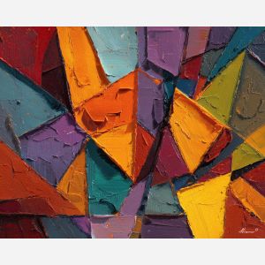 arrangement, angular, geometric, shapes,, immersed, luminescent, palette knife, oil painting, textured impasto, layered pigment, dynamic strokes, sculpted paint, expressive surface, abstract detail, rich color, chromatic texture