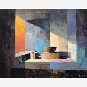 reduced, composition, built, sparse, shapes,, fading, palette knife, oil painting, textured impasto, layered pigment, dynamic strokes, sculpted paint, expressive surface, abstract detail, rich color, chromatic texture