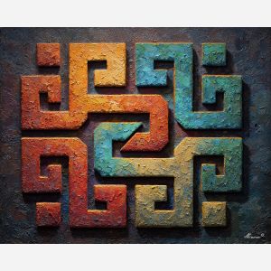 ancient, symbolic, shapes, inspired, mayan, aesthetics,, palette knife, oil painting, textured impasto, layered pigment, dynamic strokes, sculpted paint, expressive surface, abstract detail, rich color, chromatic texture