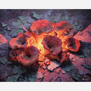 surreal, cluster, glowing, mushroom, forms,, pressed, palette knife, oil painting, textured impasto, layered pigment, dynamic strokes, sculpted paint, expressive surface, abstract detail, rich color, chromatic texture