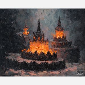 scene, influenced, classical, chinese, forms,, fading, palette knife, oil painting, textured impasto, layered pigment, dynamic strokes, sculpted paint, expressive surface, abstract detail, rich color, chromatic texture