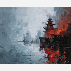 scene, influenced, classical, chinese, forms,, shifting, palette knife, oil painting, textured impasto, layered pigment, dynamic strokes, sculpted paint, expressive surface, abstract detail, rich color, chromatic texture