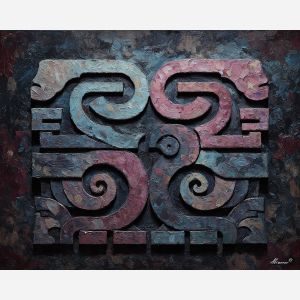 ancient, symbolic, shapes, inspired, mayan, aesthetics,, palette knife, oil painting, textured impasto, layered pigment, dynamic strokes, sculpted paint, expressive surface, abstract detail, rich color, chromatic texture