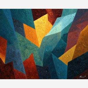 arrangement, angular, geometric, shapes,, shifting, uneven, palette knife, oil painting, textured impasto, layered pigment, dynamic strokes, sculpted paint, expressive surface, abstract detail, rich color, chromatic texture