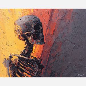 skeletal, silhouette, rendered, fractured, strokes,, bathed, palette knife, oil painting, textured impasto, layered pigment, dynamic strokes, sculpted paint, expressive surface, abstract detail, rich color, chromatic texture