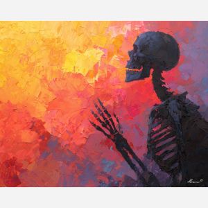 skeletal, silhouette, rendered, fractured, strokes,, fading, palette knife, oil painting, textured impasto, layered pigment, dynamic strokes, sculpted paint, expressive surface, abstract detail, rich color, chromatic texture