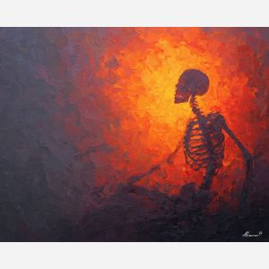 skeletal, silhouette, rendered, fractured, strokes,, shifting, palette knife, oil painting, textured impasto, layered pigment, dynamic strokes, sculpted paint, expressive surface, abstract detail, rich color, chromatic texture