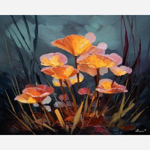 surreal, cluster, glowing, mushroom, forms,, fading, palette knife, oil painting, textured impasto, layered pigment, dynamic strokes, sculpted paint, expressive surface, abstract detail, rich color, chromatic texture
