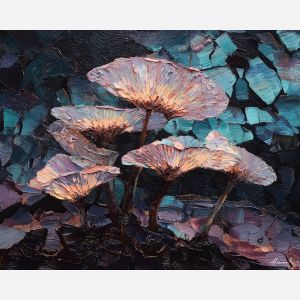 surreal, cluster, glowing, mushroom, forms,, immersed, palette knife, oil painting, textured impasto, layered pigment, dynamic strokes, sculpted paint, expressive surface, abstract detail, rich color, chromatic texture