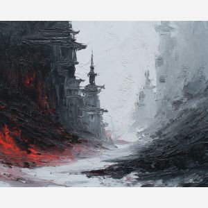 scene, influenced, classical, chinese, forms,, glimmering, palette knife, oil painting, textured impasto, layered pigment, dynamic strokes, sculpted paint, expressive surface, abstract detail, rich color, chromatic texture