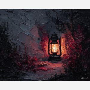 dimly, scene, haunting, seasonal, motifs,, shifting, palette knife, oil painting, textured impasto, layered pigment, dynamic strokes, sculpted paint, expressive surface, abstract detail, rich color, chromatic texture