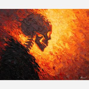 skeletal, silhouette, rendered, fractured, strokes,, pressed, palette knife, oil painting, textured impasto, layered pigment, dynamic strokes, sculpted paint, expressive surface, abstract detail, rich color, chromatic texture