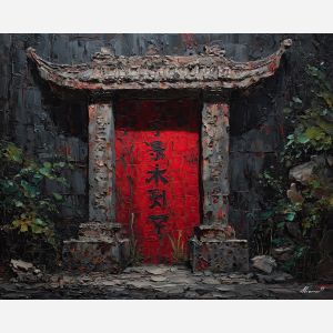 scene, influenced, classical, chinese, forms,, outlined, palette knife, oil painting, textured impasto, layered pigment, dynamic strokes, sculpted paint, expressive surface, abstract detail, rich color, chromatic texture