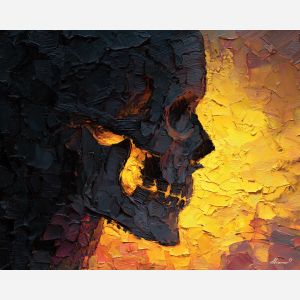 skeletal, silhouette, rendered, fractured, strokes,, immersed, palette knife, oil painting, textured impasto, layered pigment, dynamic strokes, sculpted paint, expressive surface, abstract detail, rich color, chromatic texture