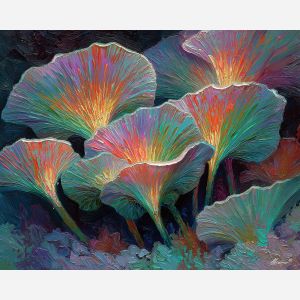 surreal, cluster, glowing, mushroom, forms,, outlined, palette knife, oil painting, textured impasto, layered pigment, dynamic strokes, sculpted paint, expressive surface, abstract detail, rich color, chromatic texture
