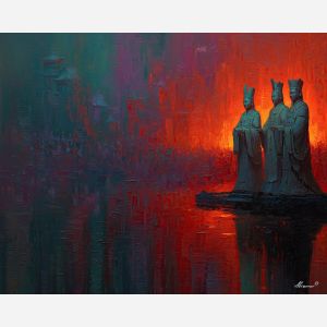 scene, influenced, classical, chinese, forms,, bathed, palette knife, oil painting, textured impasto, layered pigment, dynamic strokes, sculpted paint, expressive surface, abstract detail, rich color, chromatic texture