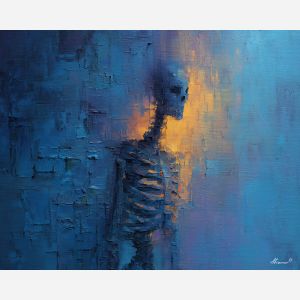 skeletal, silhouette, rendered, fractured, strokes,, glimmering, palette knife, oil painting, textured impasto, layered pigment, dynamic strokes, sculpted paint, expressive surface, abstract detail, rich color, chromatic texture