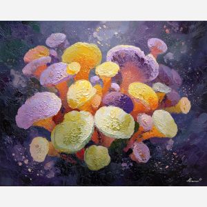 surreal, cluster, glowing, mushroom, forms,, bathed, palette knife, oil painting, textured impasto, layered pigment, dynamic strokes, sculpted paint, expressive surface, abstract detail, rich color, chromatic texture