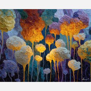 surreal, cluster, glowing, mushroom, forms,, immersed, palette knife, oil painting, textured impasto, layered pigment, dynamic strokes, sculpted paint, expressive surface, abstract detail, rich color, chromatic texture