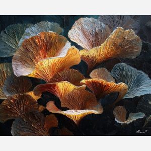 surreal, cluster, glowing, mushroom, forms,, bright, palette knife, oil painting, textured impasto, layered pigment, dynamic strokes, sculpted paint, expressive surface, abstract detail, rich color, chromatic texture