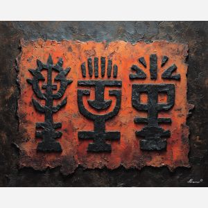 ancient, symbolic, shapes, inspired, mayan, aesthetics,, palette knife, oil painting, textured impasto, layered pigment, dynamic strokes, sculpted paint, expressive surface, abstract detail, rich color, chromatic texture