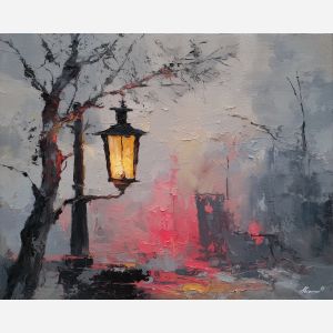 dimly, scene, haunting, seasonal, motifs,, immersed, palette knife, oil painting, textured impasto, layered pigment, dynamic strokes, sculpted paint, expressive surface, abstract detail, rich color, chromatic texture