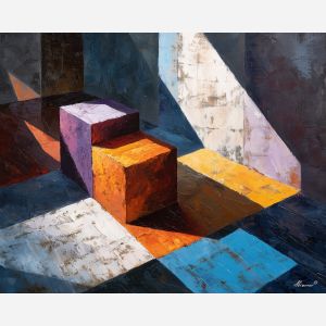 arrangement, angular, geometric, shapes,, fading, broken, palette knife, oil painting, textured impasto, layered pigment, dynamic strokes, sculpted paint, expressive surface, abstract detail, rich color, chromatic texture