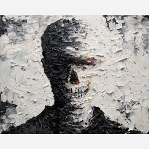 skeletal, silhouette, rendered, fractured, strokes,, pressed, palette knife, oil painting, textured impasto, layered pigment, dynamic strokes, sculpted paint, expressive surface, abstract detail, rich color, chromatic texture