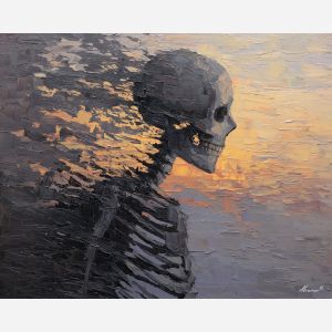 skeletal, silhouette, rendered, fractured, strokes,, surrounded, palette knife, oil painting, textured impasto, layered pigment, dynamic strokes, sculpted paint, expressive surface, abstract detail, rich color, chromatic texture