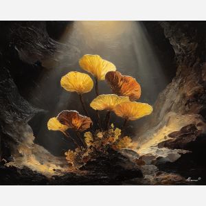 surreal, cluster, glowing, mushroom, forms,, outlined, palette knife, oil painting, textured impasto, layered pigment, dynamic strokes, sculpted paint, expressive surface, abstract detail, rich color, chromatic texture