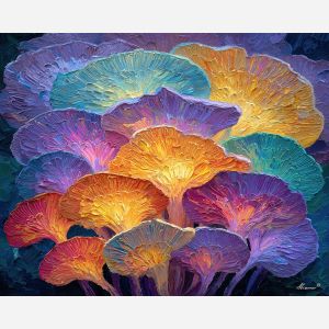 surreal, cluster, glowing, mushroom, forms,, pressed, palette knife, oil painting, textured impasto, layered pigment, dynamic strokes, sculpted paint, expressive surface, abstract detail, rich color, chromatic texture