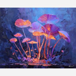 surreal, cluster, glowing, mushroom, forms,, surrounded, palette knife, oil painting, textured impasto, layered pigment, dynamic strokes, sculpted paint, expressive surface, abstract detail, rich color, chromatic texture