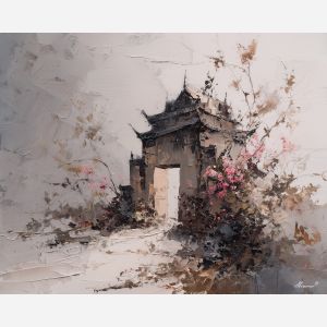 scene, influenced, classical, chinese, forms,, surrounded, palette knife, oil painting, textured impasto, layered pigment, dynamic strokes, sculpted paint, expressive surface, abstract detail, rich color, chromatic texture