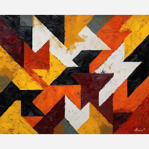 arrangement, angular, geometric, shapes,, pressed, stark, palette knife, oil painting, textured impasto, layered pigment, dynamic strokes, sculpted paint, expressive surface, abstract detail, rich color, chromatic texture