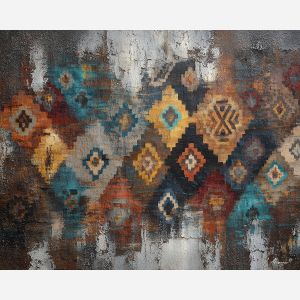 rustic, pattern, echoing, traditional, motifs,, fading, palette knife, oil painting, textured impasto, layered pigment, dynamic strokes, sculpted paint, expressive surface, abstract detail, rich color, chromatic texture